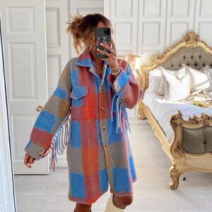 Nasty Gal Plaid Button-Down Shacket - Blue/Coral/Gray